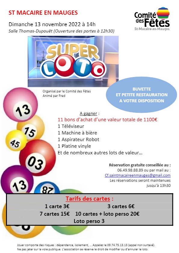 LOTO DU 13 NOVEMBRE 2022 Comité des Fêtes